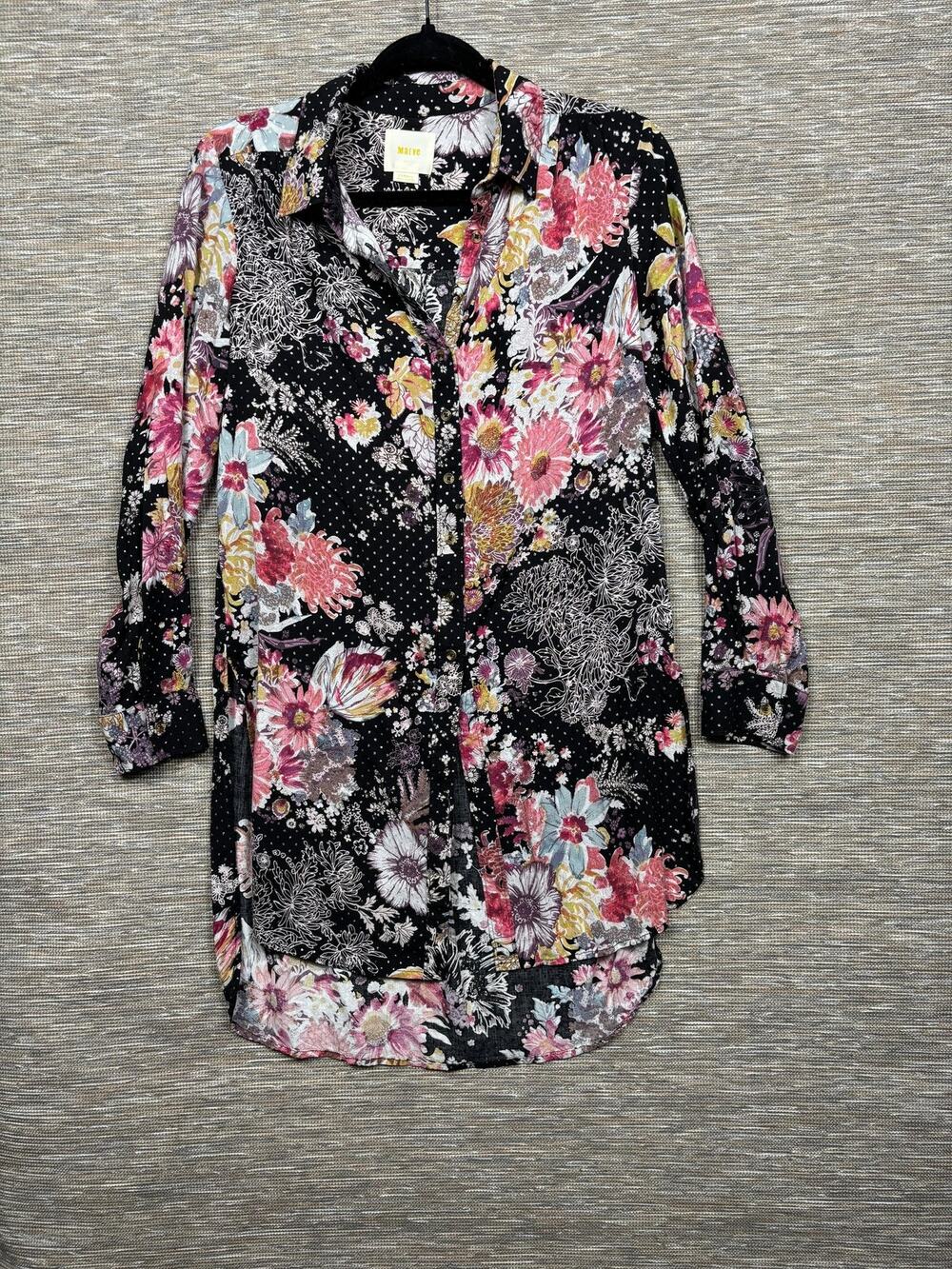 Maeve Shirt Womens XS Multicolor Floral Button Front Tunic Top Long Sleeve Rayon